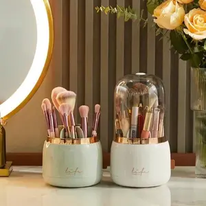 Makeup Brush Holder Organizer with Lid, Rotating Dustproof Make Up Brushes Organizer with Clear Acrylic Cover for Vanity Desktop Bathroom Countertop (white)
