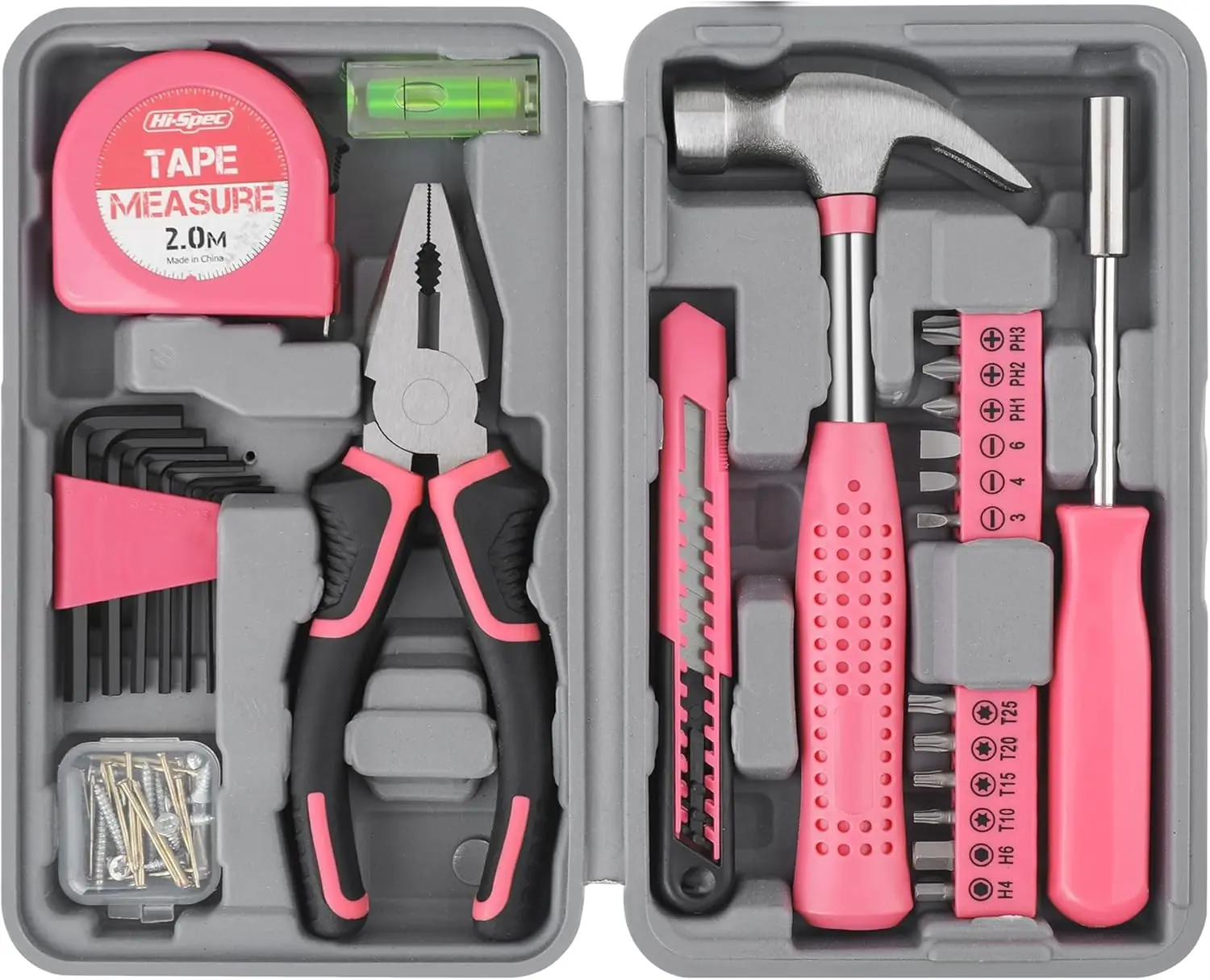 Women's Hi-Spec 25pc Pink Household DIY Starter Tool Kit, Small Mini Hand Tool Box for Basic DIY Tasks