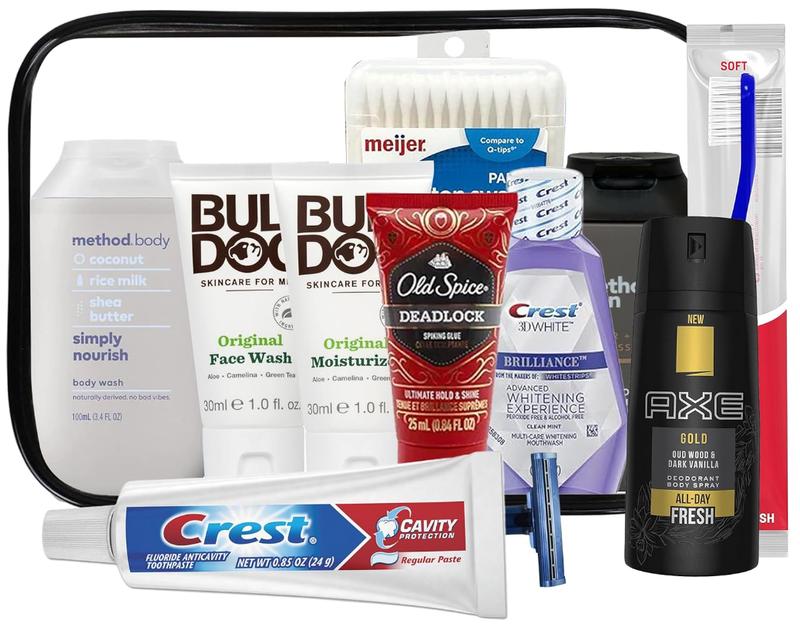 Mens Travel Toiletries Kit, Travel Bag of Hygiene Essentials for Bath, Shaving and Personal Care, 12 Mini TSA approved items in Reusable Zipper Bag, Valentine's Day, Travel, Business, Gifts & Charity