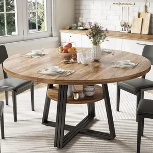 Garvee Round Dining Table, 47-47.2 inches, seats 4-6, with Storage and Sturdy Metal Legs, Space-Saving Circular Design Ideal for Kitchen, Dining Room, Living Room, Meeting Room, Apartment, Farmhouse Style