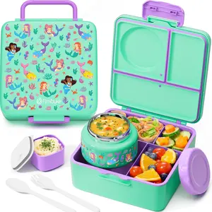 Fimibuke Leakproof Bento Lunch Box with Thermos Jar, BPA Free with 8.5oz Insulated Thermos Food Jar, Utensils & Sauce Jar, 3 or 4 Compartment Container for School dealsforyoudays