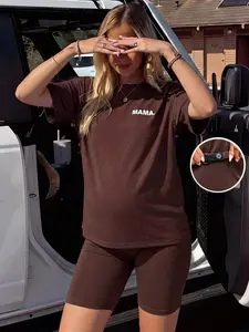 ZENIE Brown Mama Graphic Oversized Shirt Cycling Pants Mother To Be Y2K Fashion