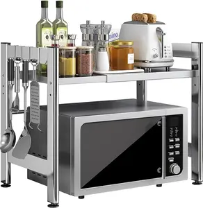 Virvia Microwave Stand,Expandable Microwave Oven Rack Adjustable Thickened Stainless Steel 2-Tier Kitchen Countertop Organizer Shelf with 4 Hooks for Kitchen Supplies Tableware Storage
