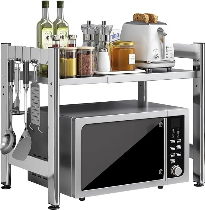 Virvia Microwave Stand,Expandable Microwave Oven Rack Adjustable Thickened Stainless Steel 2-Tier Kitchen Countertop Organizer Shelf with 4 Hooks for Kitchen Supplies Tableware Storage