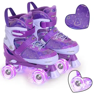 Nattork Girls' Quad Roller Skates - Laser Gradient Reflective Heart, 4-Size Adjustable, Battery-Free 8 Light-Up Wheels, Triple Safety Closure, ABEC-7 Bearings, Beginner Skates for Birthday, Christmas Gifts
