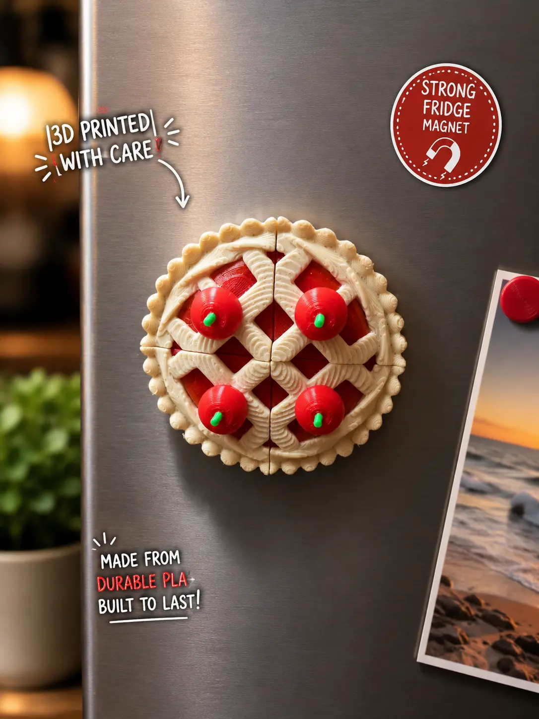 Cherry Pie Fridge Magnet Set | 4 Cute 3D Printed Magnets