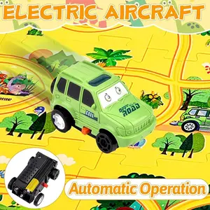 DIY Assembling Electric Trolley, 2023 New Upgrade Toddler Puzzle Track Play Set with Vehicles, Battery-Operated Toy Vehicle & Puzzle Board, RailCar Building Toys for Kids Ages 3+ (15 PCS, Dinosaur)