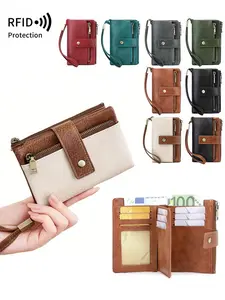 New RFID anti-theft brush retro wallet with double zipper buckle for business and leisure, multiple card slots, portable three fold short wallet, retro style zipper wallet, fashionable buckle for women's wallet, Trendy wallet