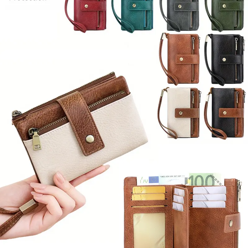 New Rfid Anti-Theft Vintage Wallet, Dual Zipper Buckle, Business Casual, Multi-Card Slot, Portable Trifold Short Wallet, Fashionable Ladies' Wallet,Suitable for Thanksgiving, Christmas, Valentine's Day, men's gift giving