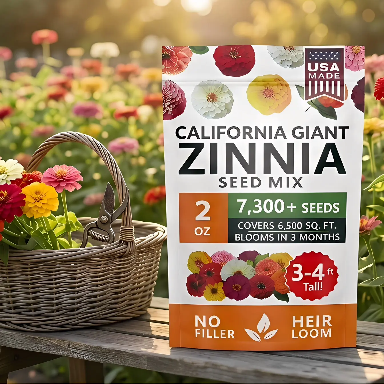 California Giant Zinnia Seed Mix - 90% Germination Rate, 7300+ USA-Made Heirloom Flower Seeds, No Filler, 3-4ft Tall Cut Flowers, Blooms in 3 Months, Covers 6500 Sq Ft for Pollinator Gardens Double-Flowered Moss Rose Annual