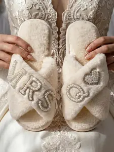 MRS. Q Wifey Vibes Only ✨ Luxury Fuzzy MRS Slippers for Bride X-Strap Plush Slippers with Pearl Rhinestone Heart Design, Customizable Q Initial, Casual Indoor Footwear for All Seasons