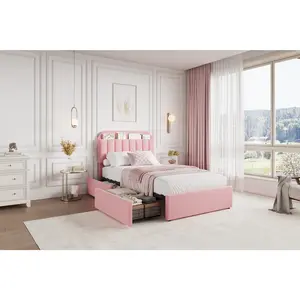 Garvee Modern Storage Platform Bed Frame with Upholstered Headboard – Full Size, 2 Drawers, Bookcase Shelf, Boucle Fabric, No Box Spring Needed, Easy Assembly – Bedroom Furniture for Kids and Teens – Pink
