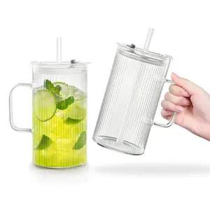 Puraville 25oz Glass Cups with Lids and Straws, High Borosilicate Ribbed Drinking Glasses Tumbler with Handle for Iced Coffee, Glassware Mason Jar Smoothie Cup for Long Drinks, 1 Pack/ 2 Pack