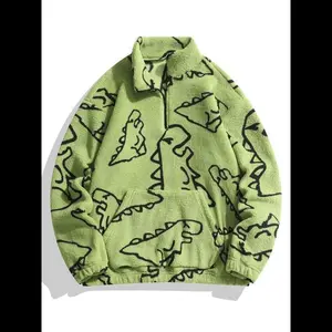 Men's Dinosaur Print Drop Shoulder Zip Up Plush Hoodie, Regular Fit Casual Long Sleeve Stand Collar Sweatshirt for Fall & Winter, Men's Clothes for Daily Wear