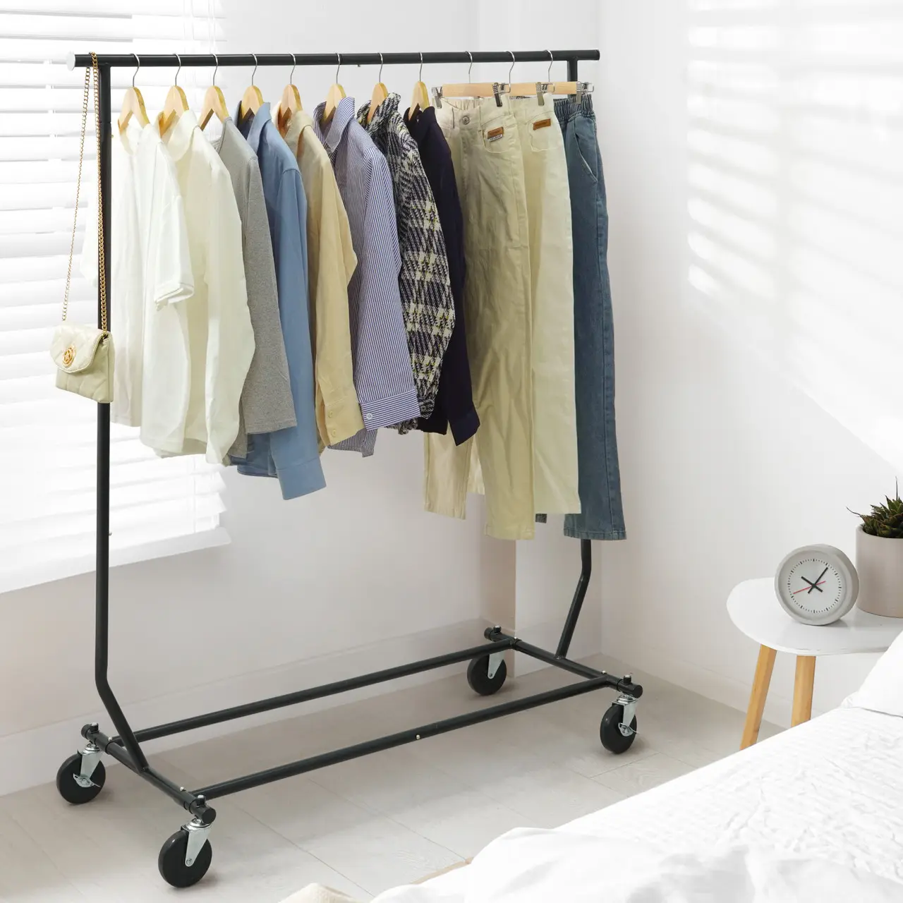 CAPHAUS Heavy Duty Clothes Rack, 220LBS Capacity Rolling Clothing Rack for Hanging Clothes, Adjustable Metal Wardrobe Rack, Portable Garment Rack with Wheels and Extendable Rod, Black