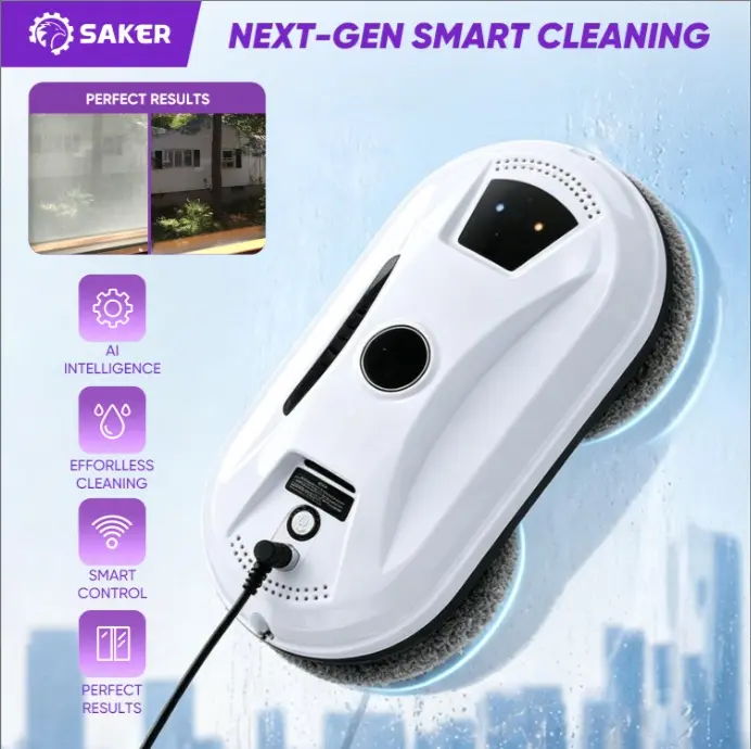 Saker Fully Automatic Smart Window Cleaning Robot with 90W Motor Dual Pads 20-Min Backup Power for Glass Mirrors & Smooth Tiles