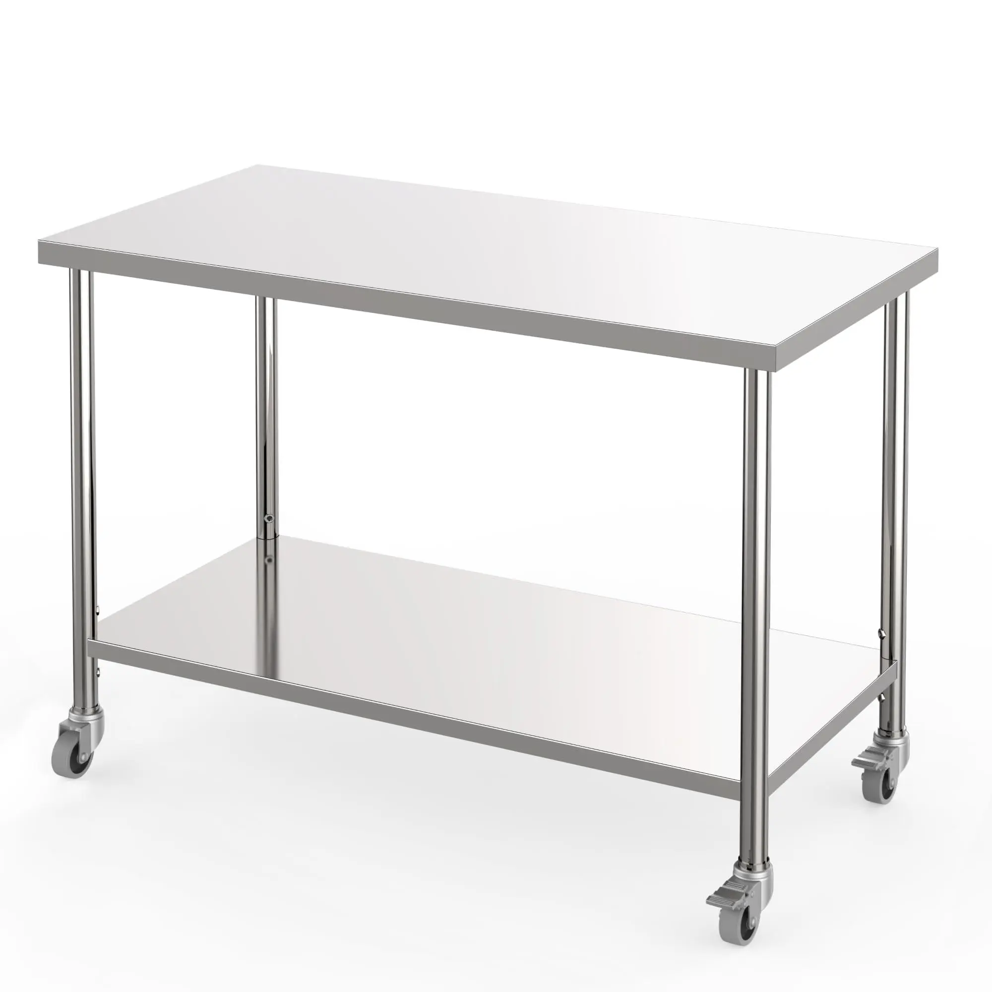 NSF Certified Heavy Duty Rectangular Stainless Steel Prep Table, 48"x24" Single Unit Kitchen Worktable with Casters, 2-Tier Adjustable Undershelf for Home, Commercial Use, Work Table