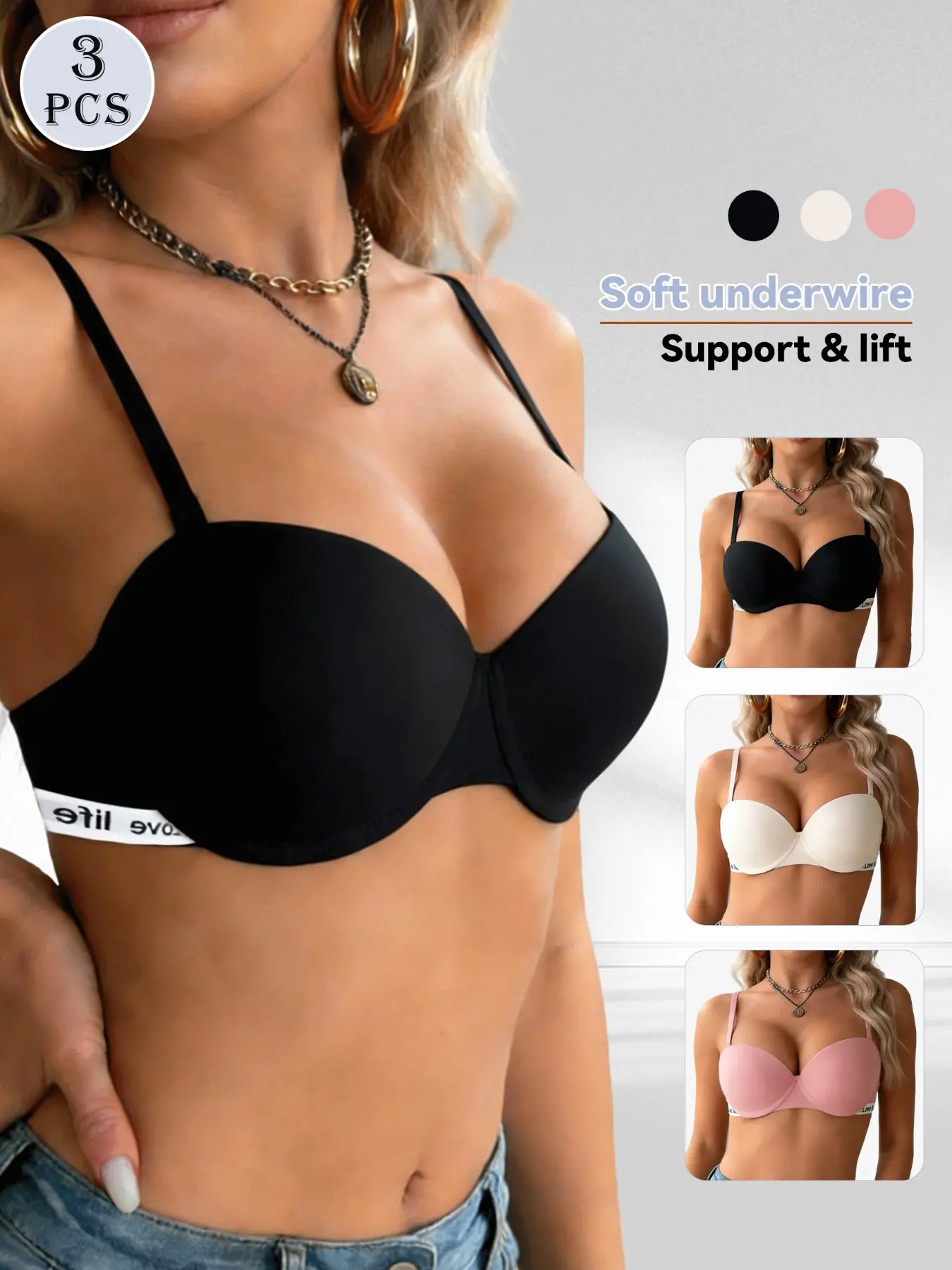 🔥 3 Pack Women's Love Life Letter Smooth Everyday Fashion Bra, Underwire Push Up Lift, Adjustable Straps Seamless Invisible, Elegant Chic, Sexy Versatile Fit Lingerie Womenswear for Commute & Dating