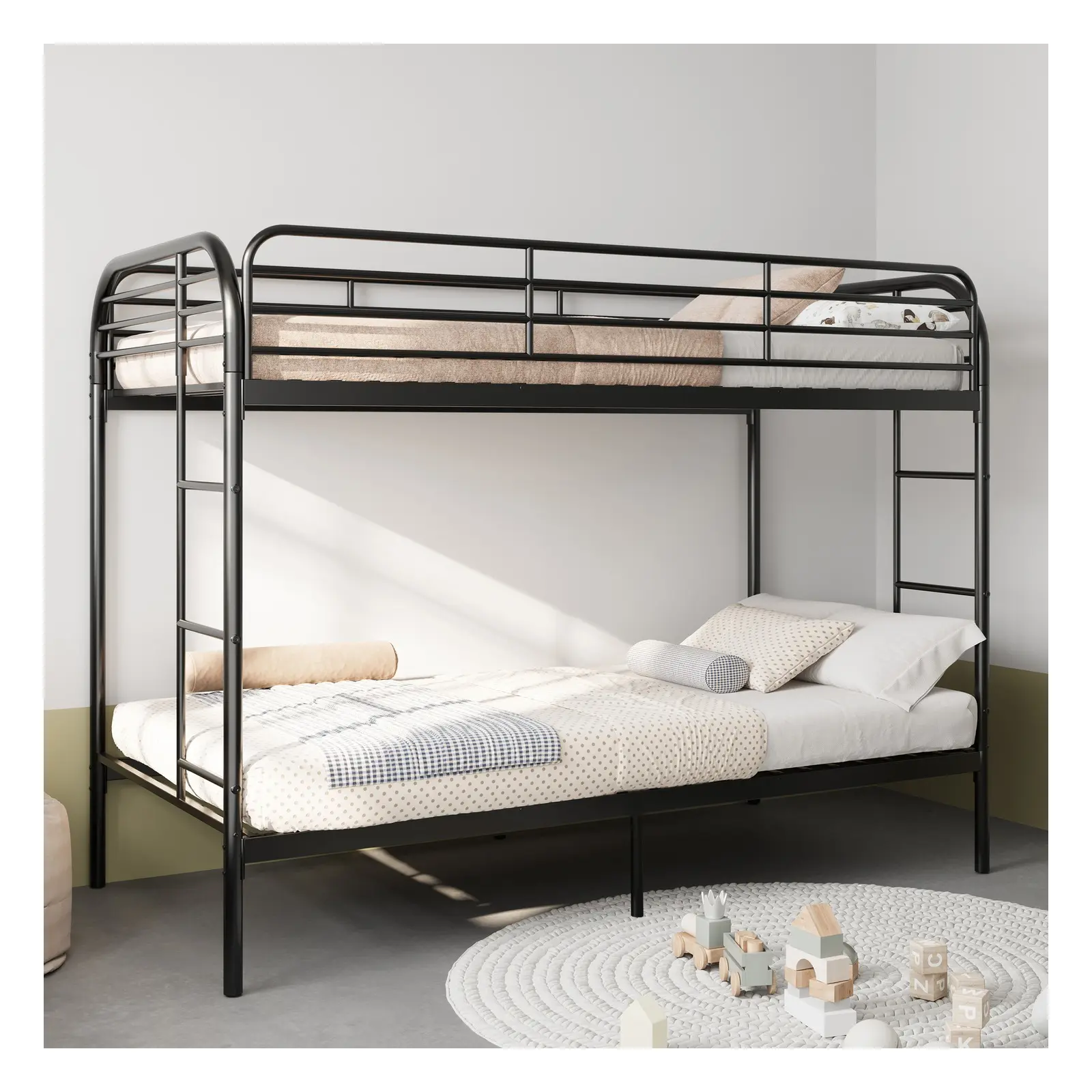 Twin Over Twin Metal Bunk Bed Frame with Guardrails, Ladder, No Box Spring Needed and Heavy-Duty Construction, White/Black