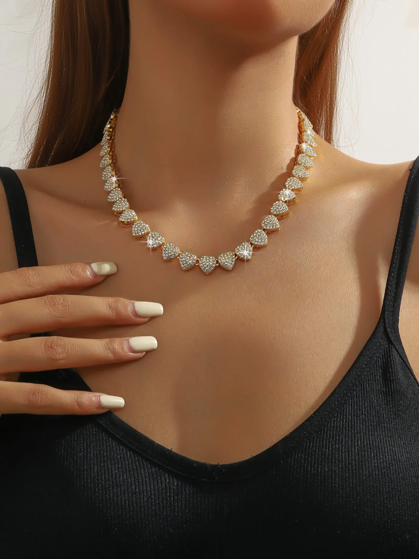 Luxury Hip-Hop Cuban Sparkling Water Diamond Heart Necklace, Party Banquet Clavicle Chain Rhinestone Necklace, Rhinestone Decorated Necklace, Jewelry for Women, Modern Versatile Accessories, Fashionable Accessory