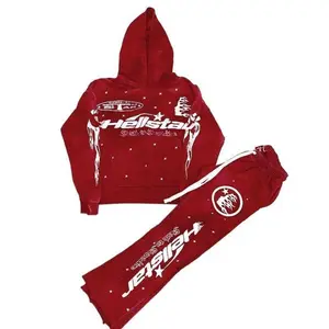 Hellstar Men's Spring Autumn Fashion Hooded Flared Pants Set Lmst0025 Red Long Sleeve Casual Y2K Below Ankle Trouser