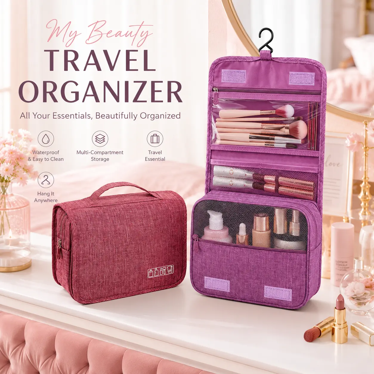 Travel Makeup Bag for Women, Hanging Toiletry Bag with Hook, Large Cosmetic Organizer with Multiple Compartments, Waterproof Beauty Storage Bag for Skincare, Makeup Brushes and Personal Care Items, Portable Organizer for Vacation, Hotel and College Dorm