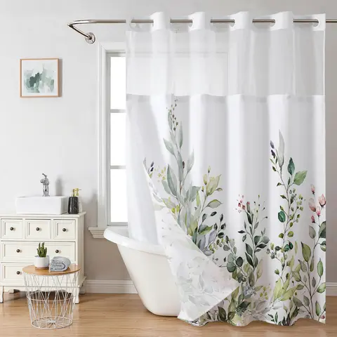Watercolor plant double-layer shower curtain, waterproof, no hook design for easy installation, country-style bathroom accessory, suitable for hotels, dormitories and home decoration, 72x75in