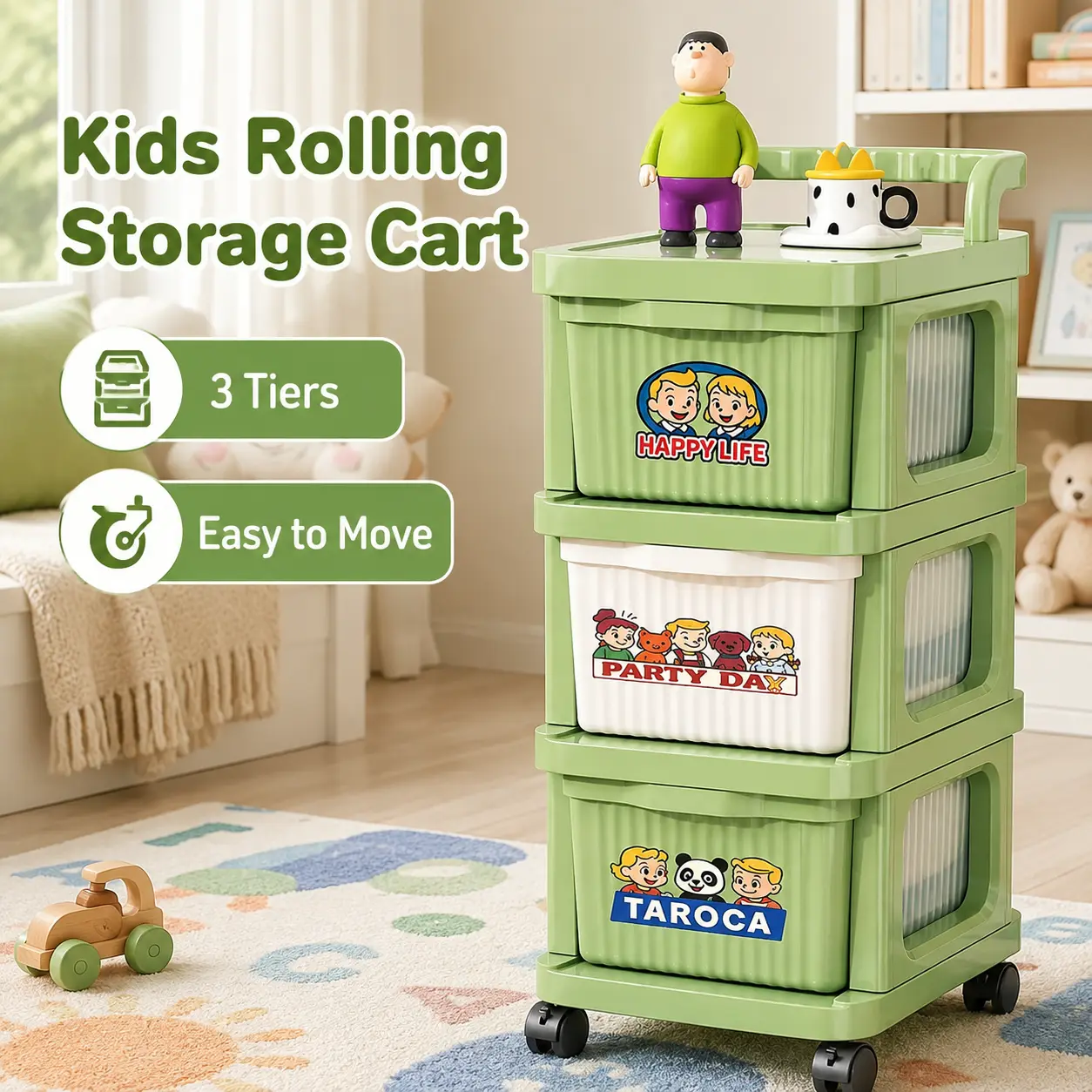3-Tier Stackable Kids Rolling Storage Cart With Pull Out Drawers, Free Cartoon Stickers Gift Detachable Multi Layer Toy Organizer Cart With Handle & Universal WheelsFreelyMatchablePlasticStorageTrolleyForChildrenBedroomPlayroom Red/Green/White Optional