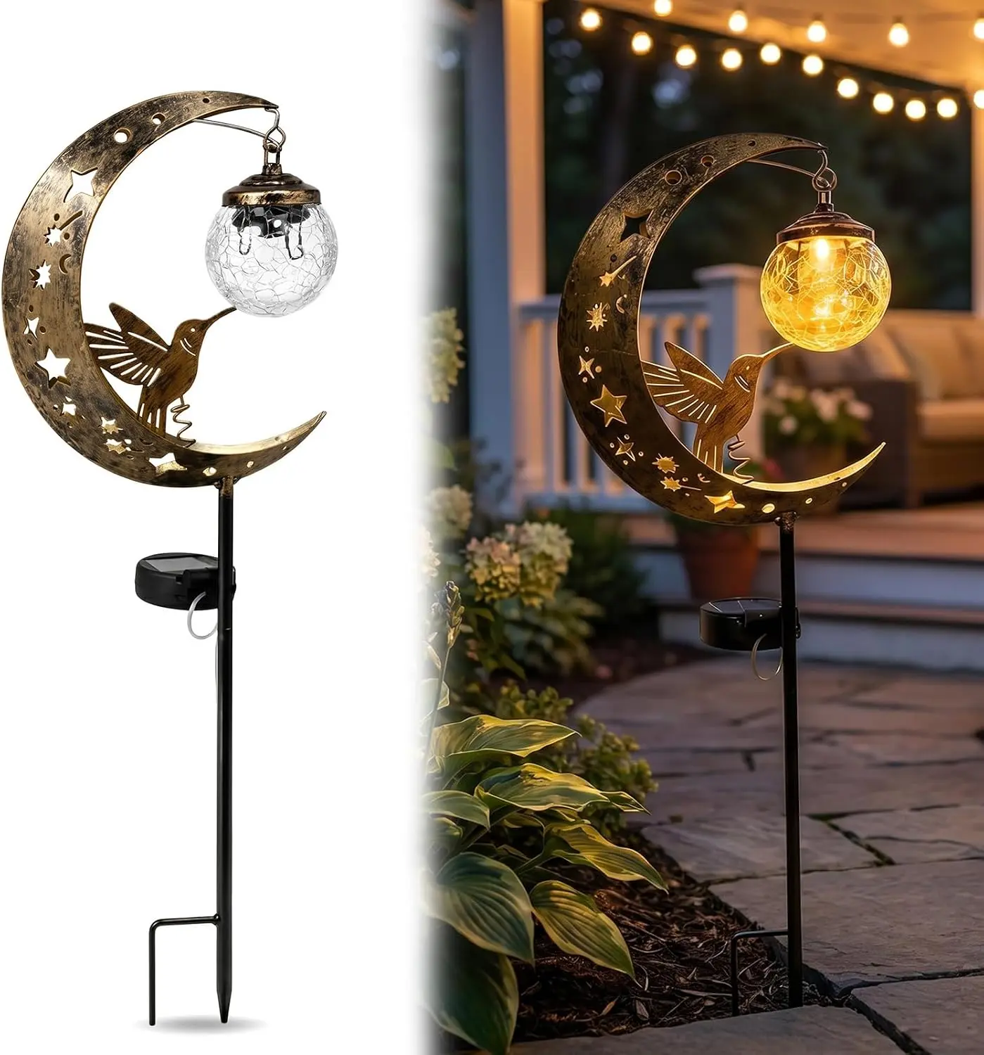 Solar Hummingbird Moon Garden Stake Light - Waterproof Metal Crescent Moon Frame with Crackle Glass Globe Ball, Automatic Smart Lighting for Bird Lovers, Decking & Patio Gentle Night Festive Decorations, Yes, Water Resistant