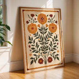 Mexican Folk Art Floral Print, Hispanic Heritage Wall Art, Latinx Boho Decor Rustic Floral Kitchen Poster, Autumn Flower Wall Art, 5 Size, 8x12 to 27x40 inch, Room Decor, Unframed