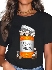 100% Cotton Ferret Happy Pills Unisex Adult Black Cartoon T-Shirt