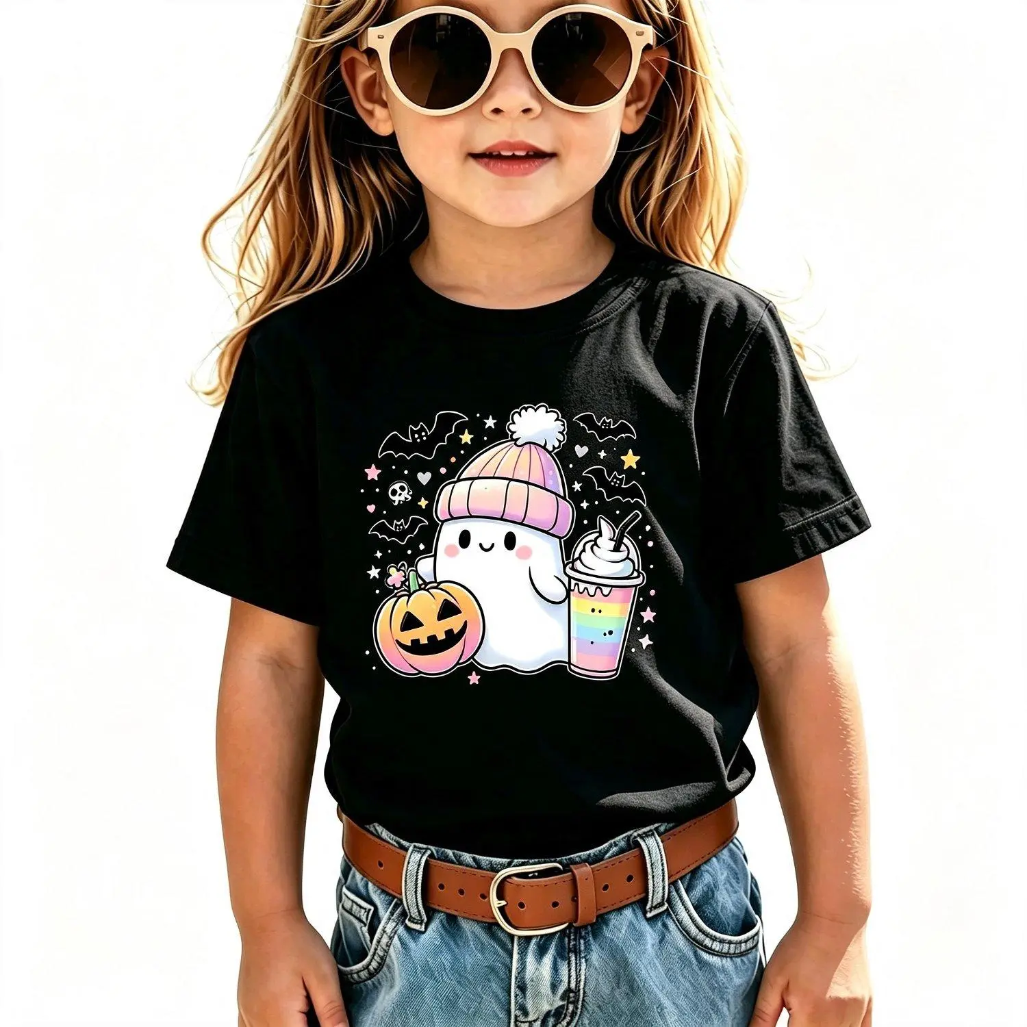 Girls T shirts Bat Pumpkin Boba Tea Print Short Sleeve Bat Pumpkin Boba Tea Applique Round Neck Casual Blouse Halloween Outfit Casual Top Fashion Tee for Girls