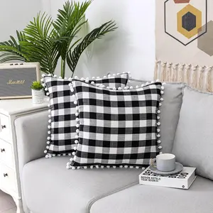 Black and White Buffalo Check Plaid Fall Throw Pillow Covers Pillowcase Set of 2, Gingham Farmhouse Rustic Pillow Shams Cushion Cover with Pompoms for Sofa, 20 x 20 Inches, Black/White