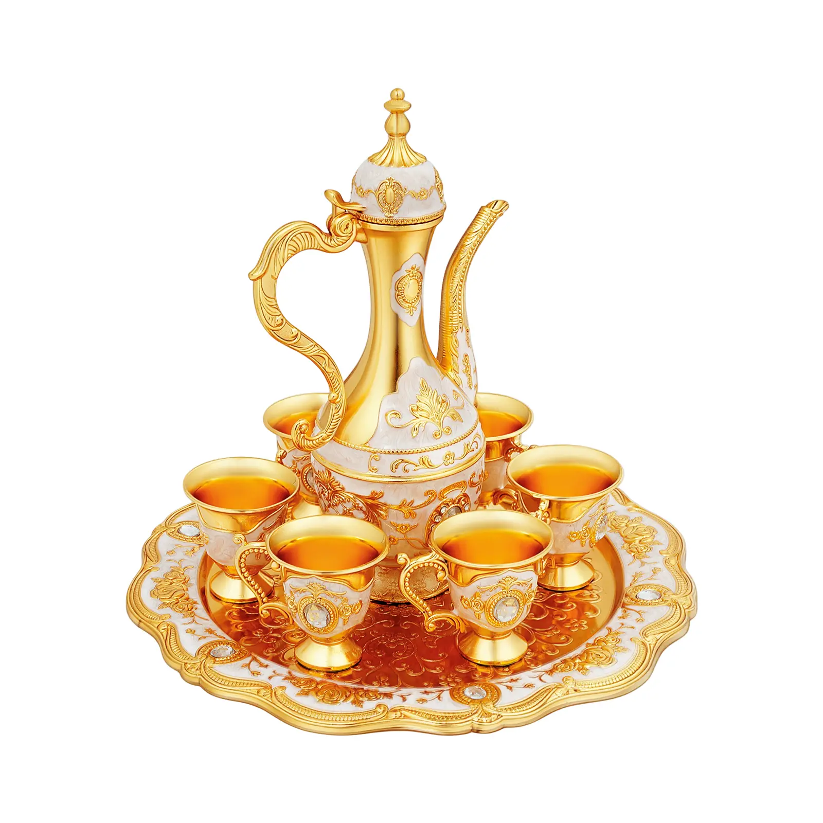 Sturdy Classic Traditional European-Turkish Antique Tea Set - 8.45oz/250ml Teapot with Hand-Carved Zinc Alloy Spout, 30ml/1.01oz 6 Teacups, Tray, Multi-Purpose Decanter, Gold Decorative Vase - Ideal for Tea Lovers, History Enthusiasts, Restaurants