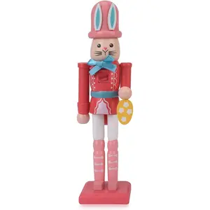 7 Inch Easter Bunny Nutcracker Decoration Wooden Rabbit Soldier Figure for Spring Holiday Tabletop Display Pink