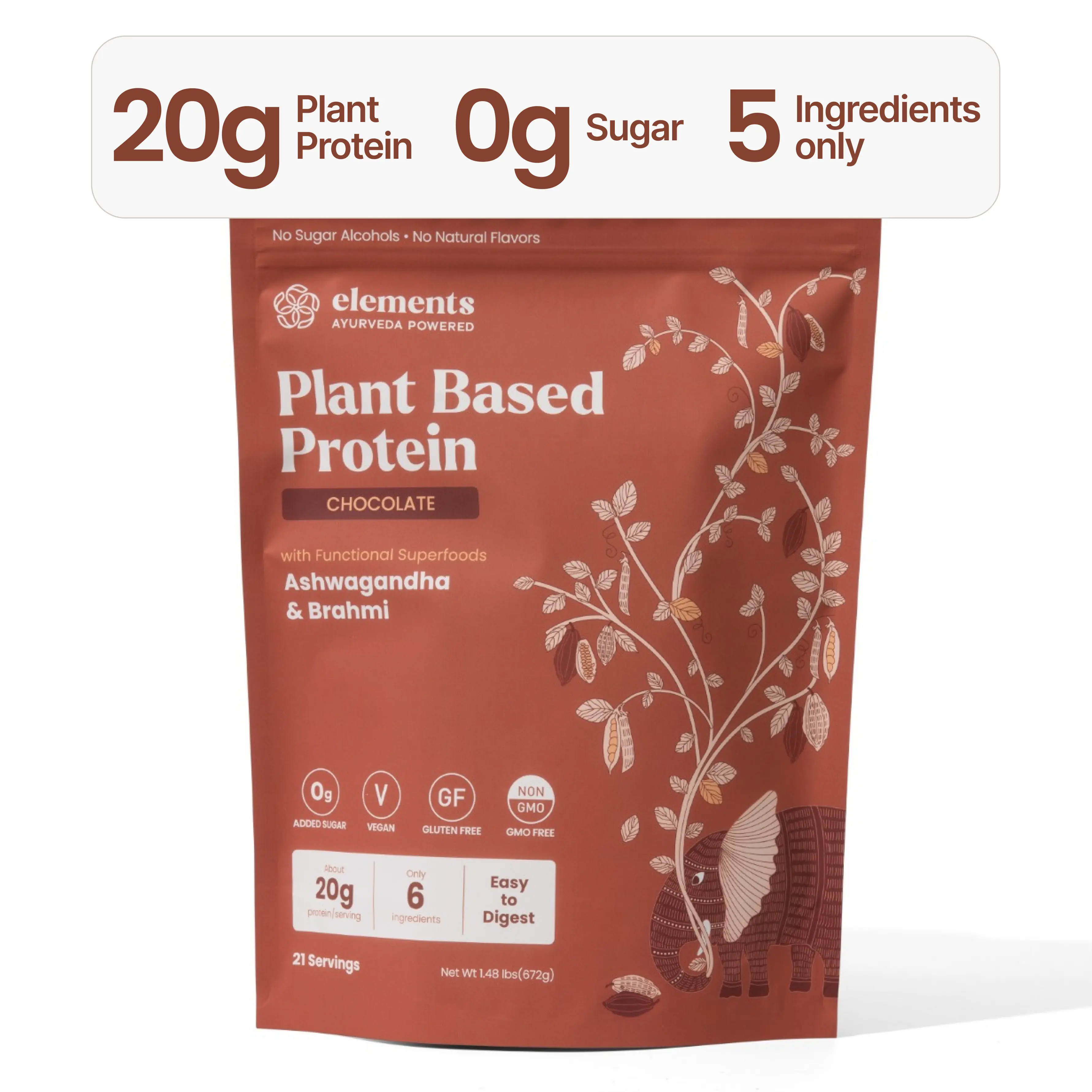 Elements Plant Protein Powder | with Functional Superfoods - Ashwagandha, Brahmi | 20g Protein & complete Amino Acid Profile | Ayurvedic Adaptogens | Vegan | No Added Sugar | 21 Servings