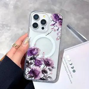 Purple butterfly pattern magnetic phone case for iPhone 11 to 17 Pro/Pro Max/Plus, compatible with Galaxy S25, S24, S23 Ultra. A shockproof phone case and the perfect gift for birthdays, Valentine's Day, or for couples.