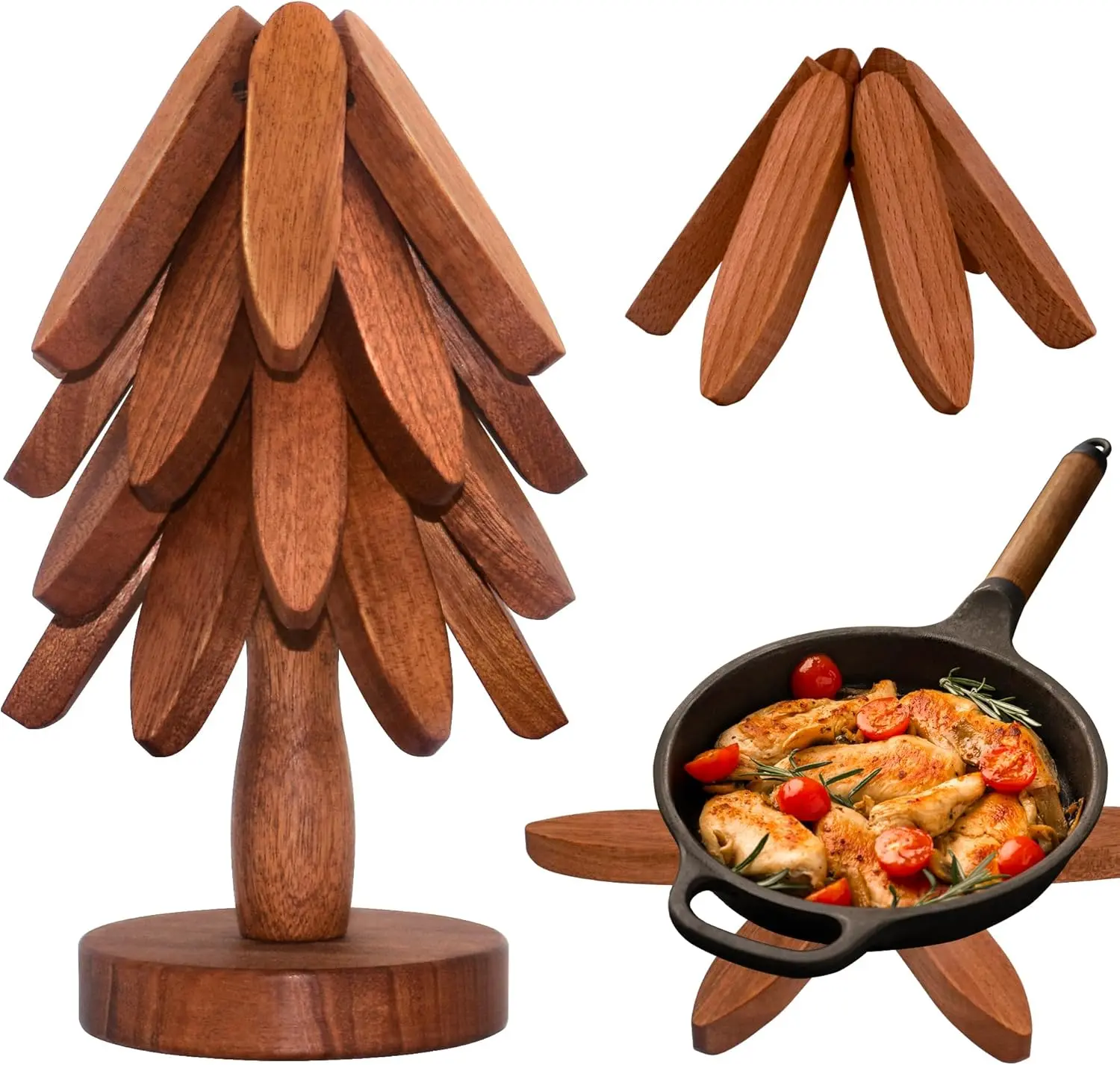 Natural Tree Trivet Set - 4 Wooden Trivets & 1 Stand, Heatproof, Hot Dish Safe, Durable Solid Wood, Compact Stack, Foldable Design, Ideal Holiday Gift for Home Use #GLOBAL PICKS