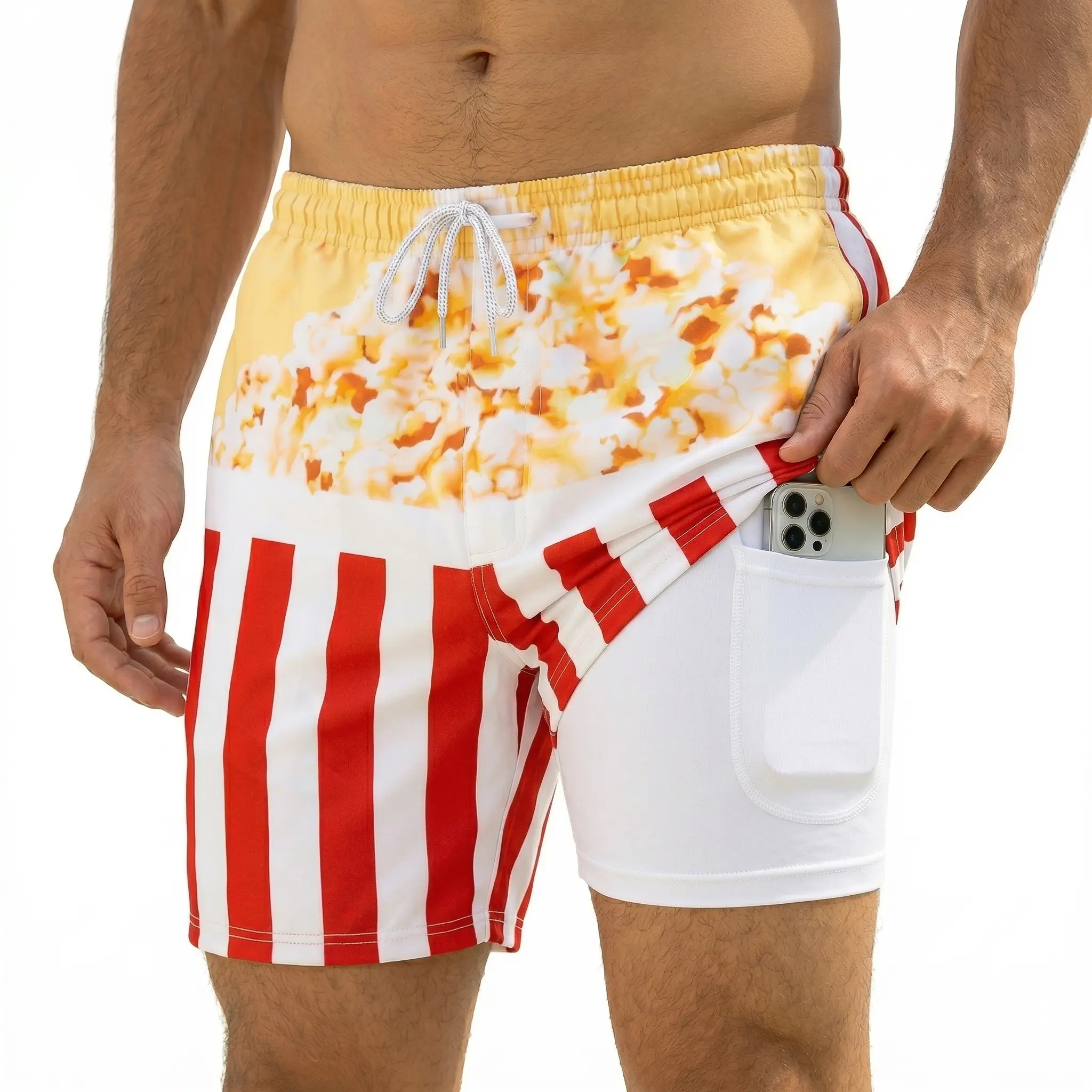 Men's Funny Popcorn Humor Print Swim Trunks, Striped Bucket Look Swimwear Shorts with Compression Liner, Hidden Phone Pocket, Adjustable Waistband & Quick Dry Fabric for Beach Casual Vacation