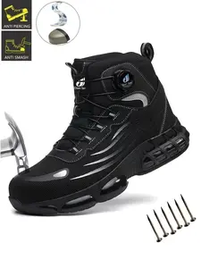 Steel Toe Work Boots for Men Rotary Buckle Lightweight Breathable Safety Shoes, Slip-Resistant Anti-Punctur Anti-smash Industrial & Construction Work Footwear Durable Steel Toe