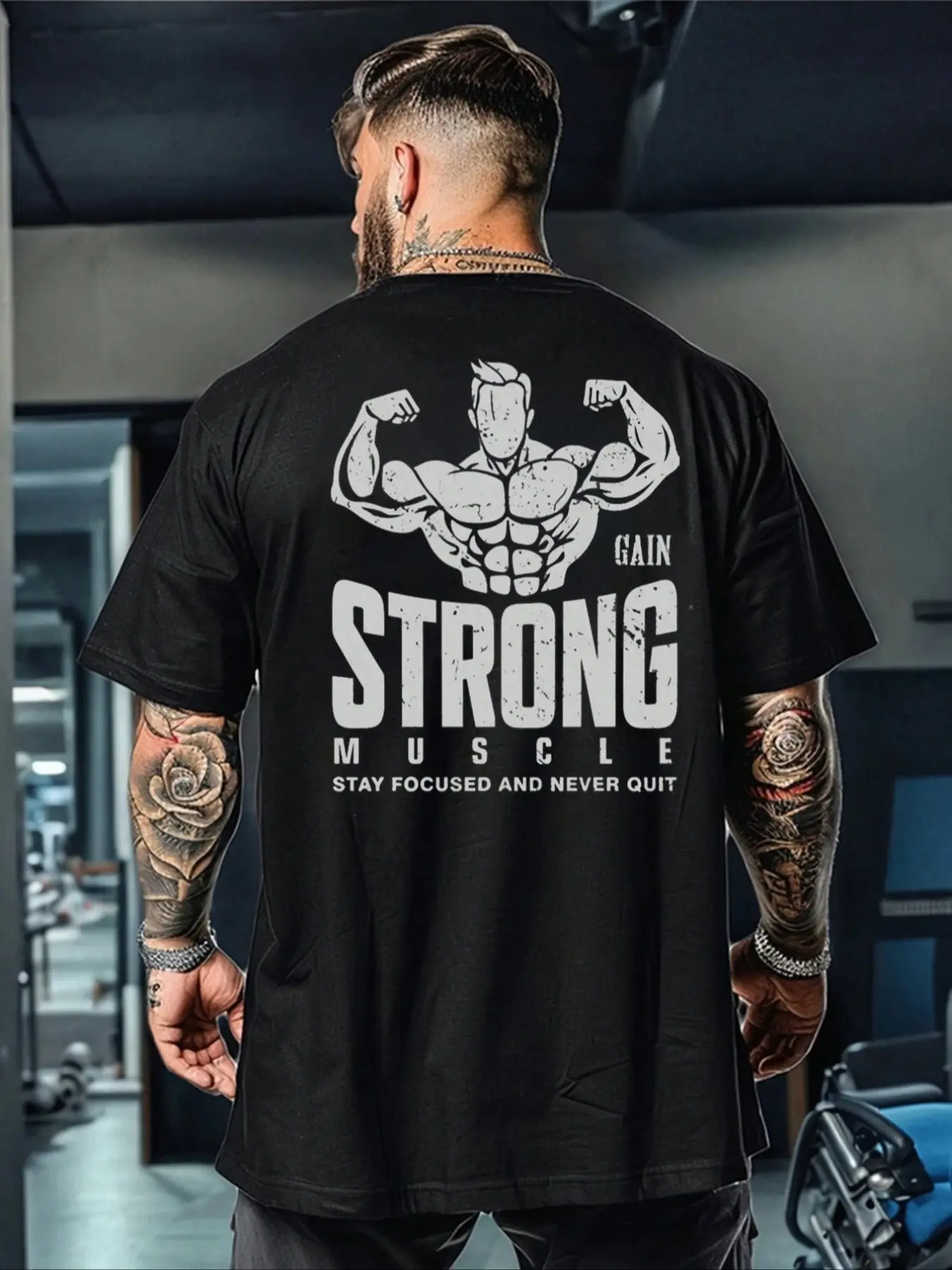 Men's Plus Size Letter & Muscle Print Round Neck Short Sleeve Sports T-Shirt, Loose Fit Gym Tee, Casual Fitness Clothing, Active T Shirts, Casual Workout Tops, Activewear Gym