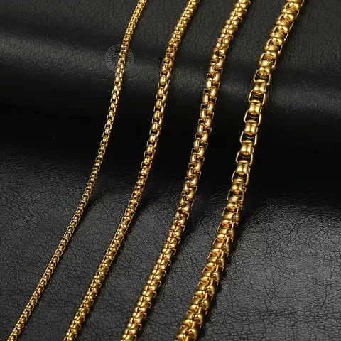 Hermah 2/3/4/5mm Round Box Chain Necklace 16-30inch Gold Plated Stainless Steel Link Choker Jewelry for Female Male Gift