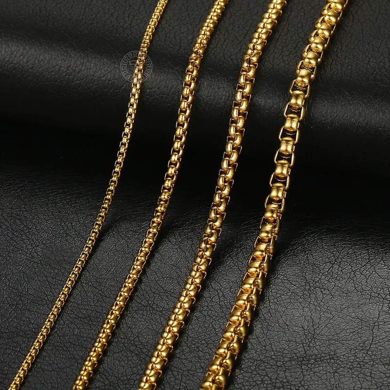Hermah 2/3/4/5mm Round Box Chain Necklace 16-30inch Gold Plated Stainless Steel Link Choker Jewelry for Female Male Gift