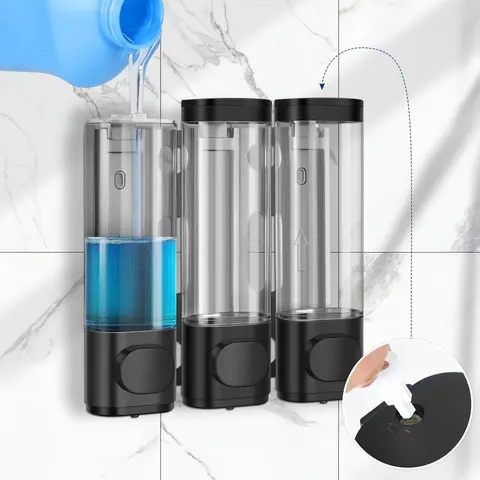 Wall-Mounted No-Drill Manual Liquid Soap Dispenser - 1 Dispenser with 3x300ml Sturdy Chrome Bottles, Transparent Round Design, Smooth Leakproof Waterproof Gungray Shell, Installation Labels for Bathroom Gadget Multi Uses