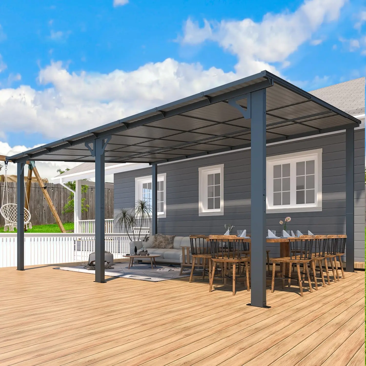 [Hardtop Pergola] 16' X 12' Hardtop Outdoor Pergola for Patio - Large Wall-Mounted Lean-To Metal Gazebo with Roof, Durable Awning for Patios And Decks