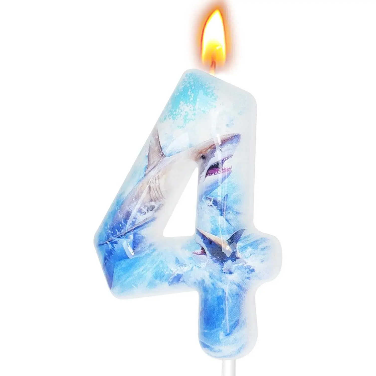 Shark Birthday Candles, Shark Party Decoration Supplies, Birthday Number Candles for Cake Topper (Blue, Number 4)