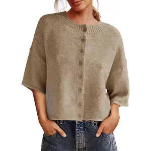 FMEYOA Womens 3/4 Sleeve Cardigan Sweater Button Down Cropped Crewneck Cardigan 2025 Fall Casual Knit Tops