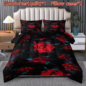 3-Piece European Luxury Rose Blossom Quilt Set - Soft, Lightweight, Versatile, 200gcm Quilted Filler, Includes 1 Quilted Quilt and 2 Pillowcases (without Pillow Core) - Perfect for Bedroom, Dormitory, Air Conditioning Room, Gift - Soft Bedding Set