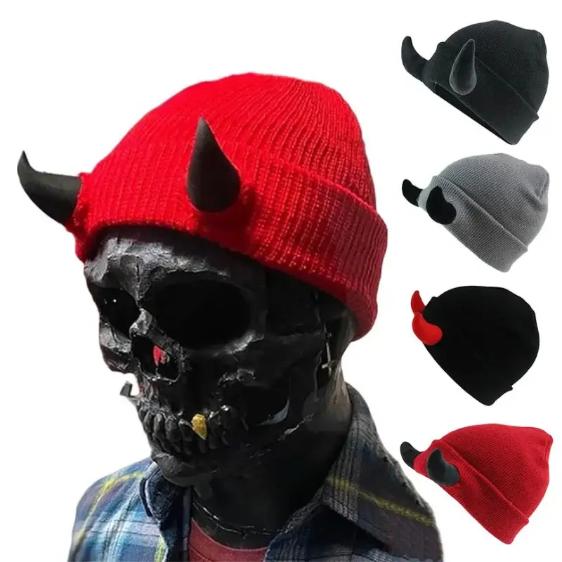 Humwam 3D Devil Horn Reversible Knit Beanie for Men & Women, Stretch Soft Acrylic Warm Winter Beanie Hat, Trendy Multi‑Color Unisex Headwear