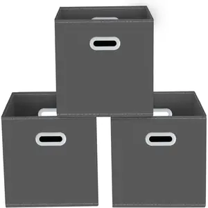 storage bins Cubes, Fabric Cube Organizer with Handle, Foldable Cube Bins for Cloth or Accessary Storage, 11x11x11, Set of 3,(Gray)